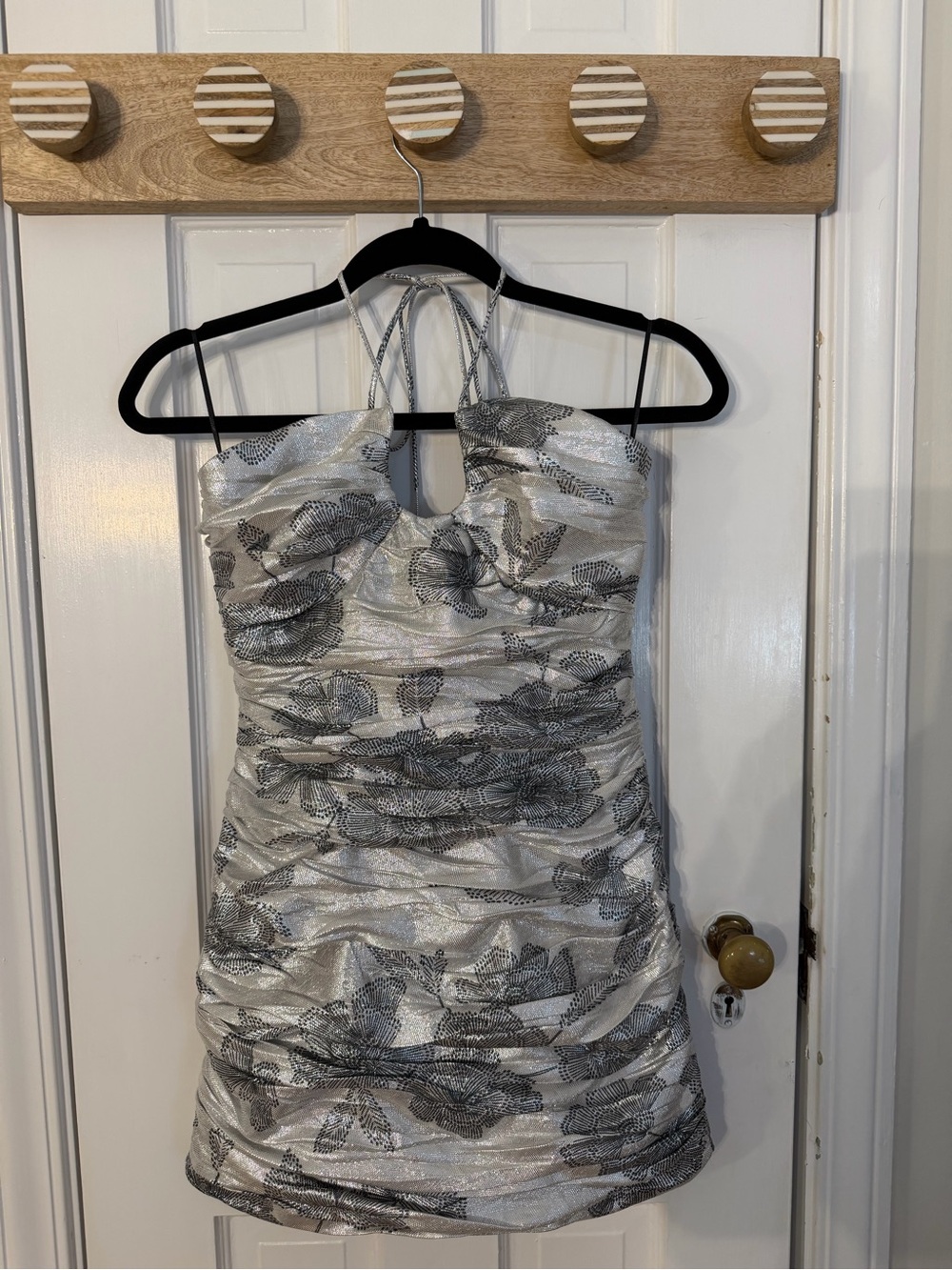 Zara Metallic Floral Ruched Halter Mini Dress NWT Small Silver Cocktail Party